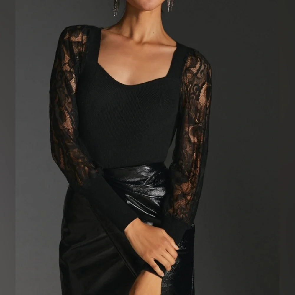 Anthropologie Black Lace-Sleeve Sweater Ribbed Knit Top